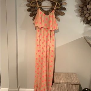 Tan and hot pink Polk dot jumpsuit
